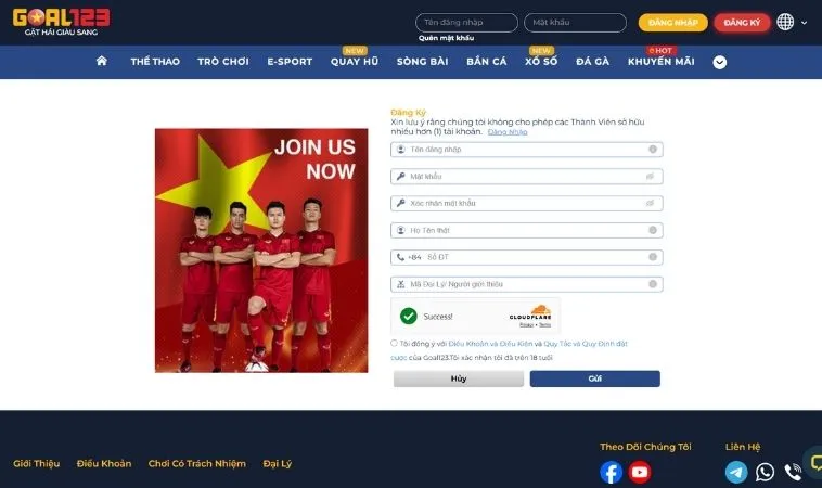 Giao diện đăng ký Goal123