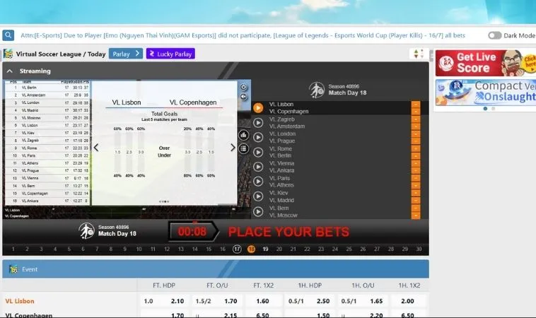 Giao diện đặt cược thể thao ảo Goal123